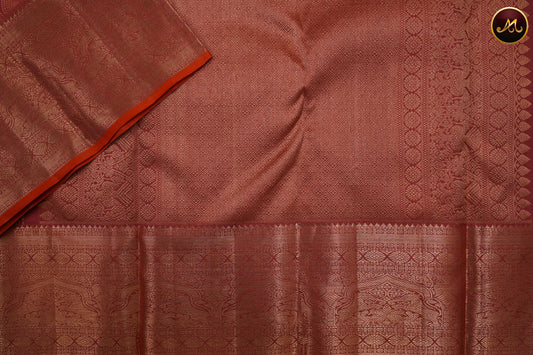 Kanchivaram Pure Silk Saree in light brown combination in self brocade work, gold zari border and rich pallu