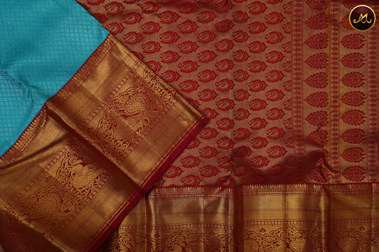 Kanchivaram Pure Silk Saree in skyblue and red combination with brocade work, korvai long and short border in gold zari and rich pallu