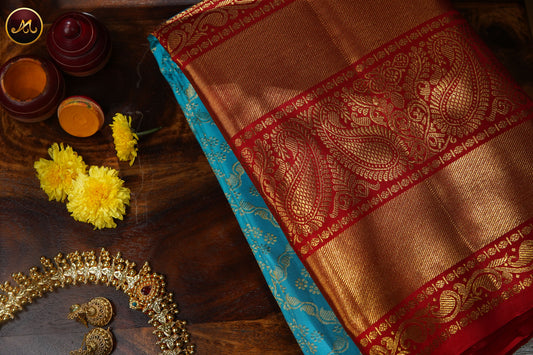 Kanchivaram Pure Silk Saree in blue and red combination, korvai long and short border in gold zari and rich pallu