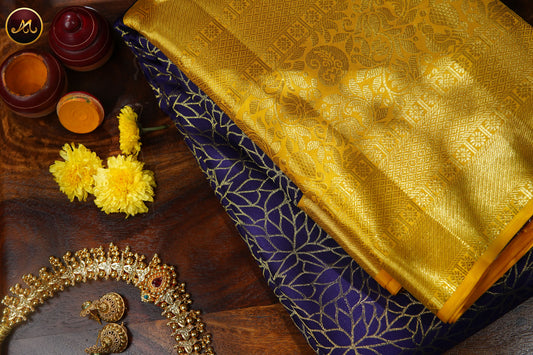 Kanchivaram Pure Silk Saree in royal blue with gold zari, with yellow combination, brocade saree long and short border, body brocade