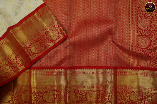 Kanchivaram Pure Silk Saree in white with red combination, brocade saree, long and short border