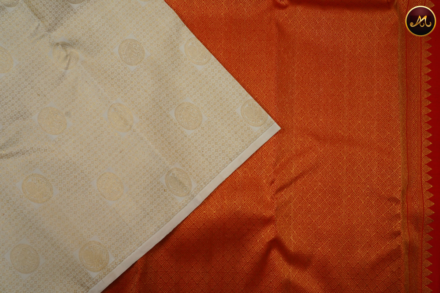 Kanchivaram Pure Silk Saree in pure gold zari, white with red combination, borderless, brocade saree