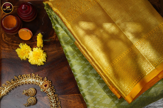 Kanchivaram Pure Silk Saree in mehendi green with yellow combination, kanchi tissue, long and short border, golden zari