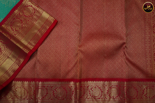 Kanchivaram Pure Silk Saree inn rama green with red combination, brocade saree, both sides same border, golden zari
