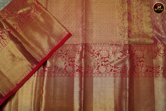 Kanchivaram Pure Silk Saree in light grey with maroon combination, kanchi tissue, long and short koaravai border, emboss
