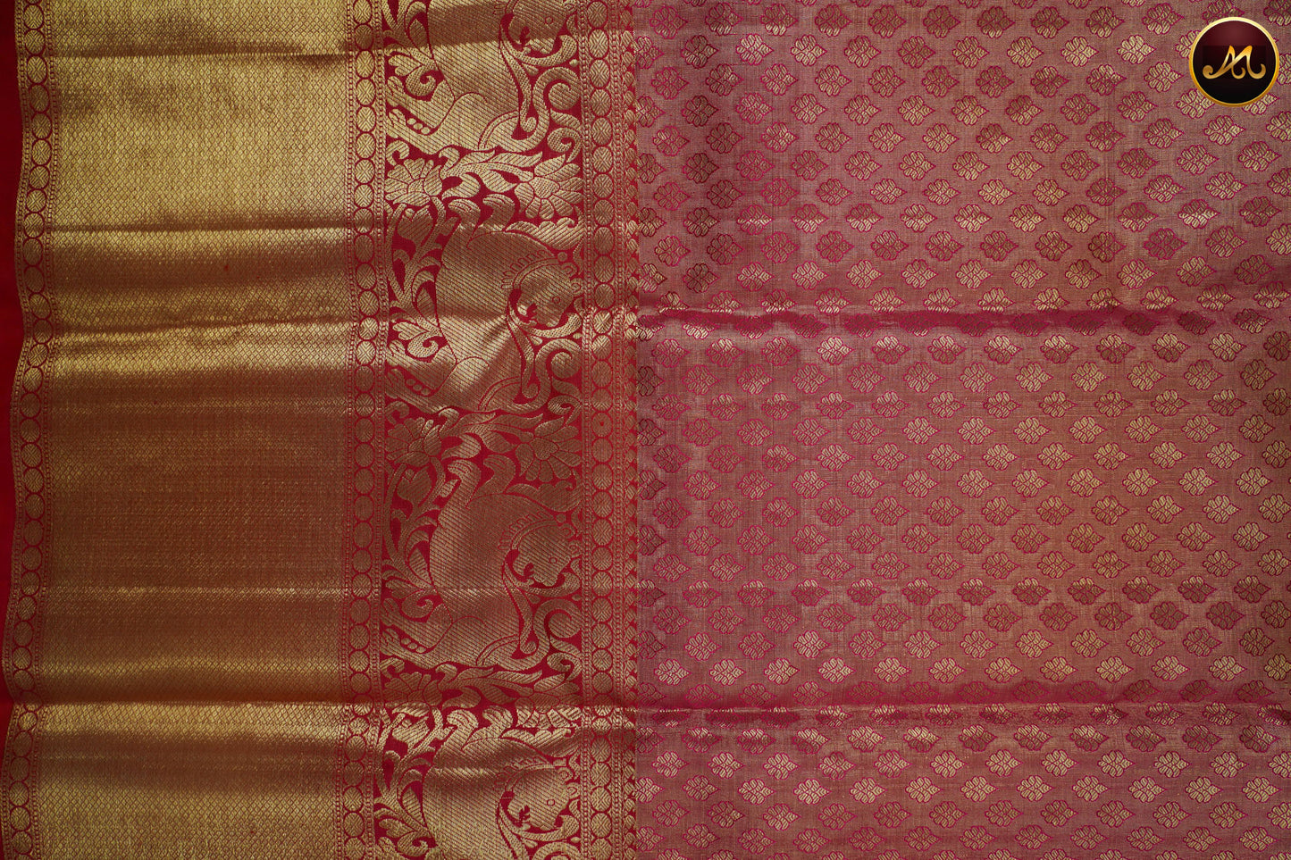 Kanchivaram Pure Silk Saree in light grey with maroon combination, kanchi tissue, long and short koaravai border, emboss