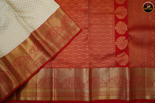 Kanchivaram Pure Silk Saree in Off white with red combination, brocade saree, golden zari