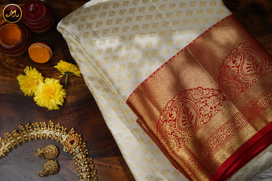 Kanchivaram Pure Silk Saree in Off white with red combination, brocade saree, golden zari