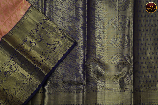 Kanchivaram Pure Silk Saree in ponds pink with royal blue combination, golden zari, koravai long and short border, emboss saree