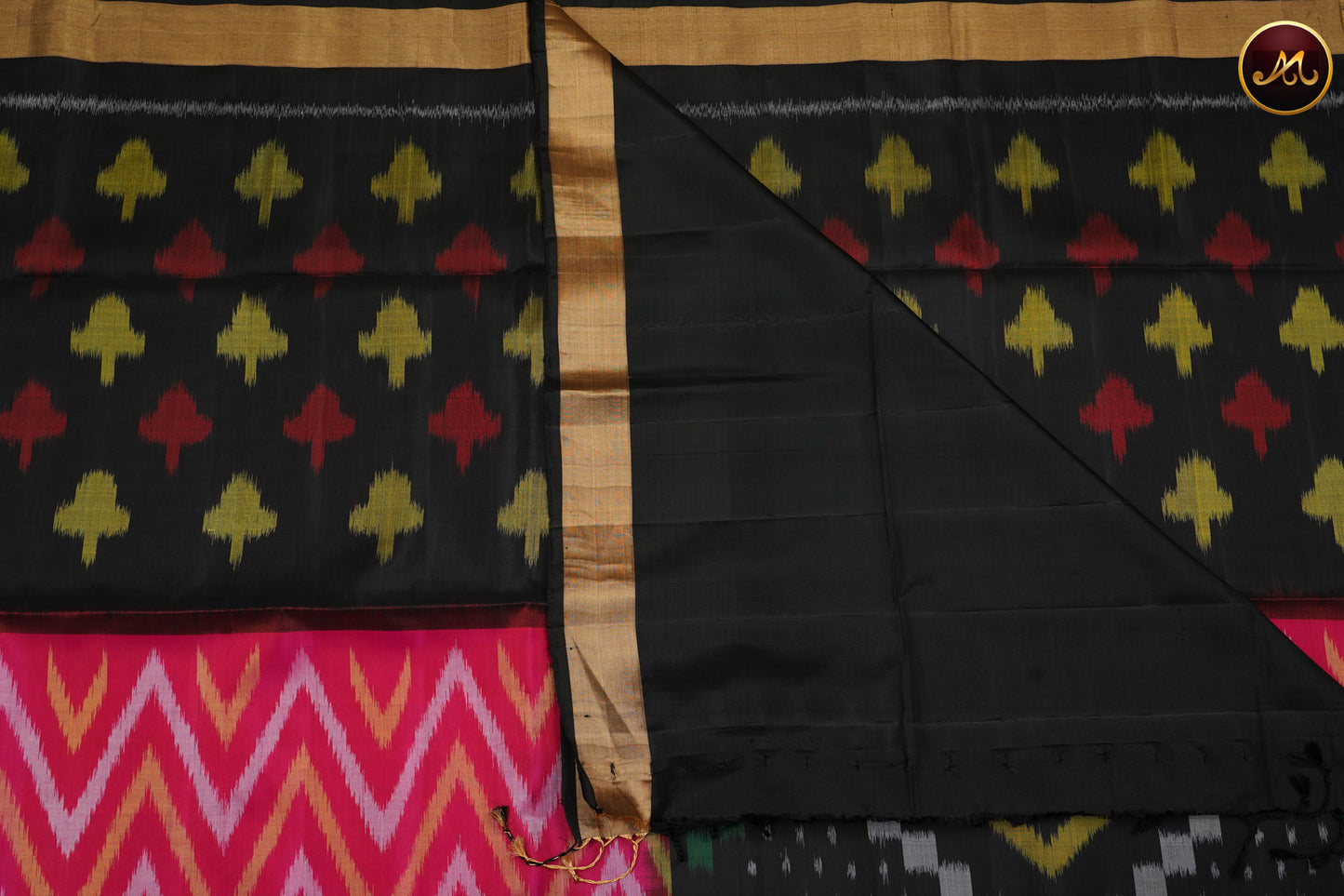 Handloom Pochampally Ikat Soft Silk Saree in Pink and Black Combination