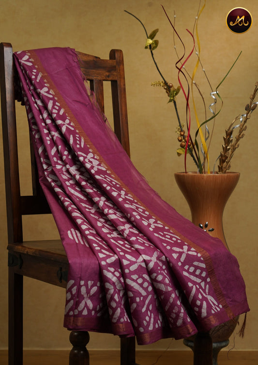 Bhagelpuri Cotton Saree in allself wine colour with batik print
