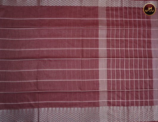 Bhagelpuri Cotton Saree in allself light maroon colour with thread stripes all over the body and silver border