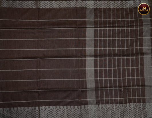 Bhagelpuri Cotton Saree in allself brown colour with thread stripes all over the body and silver border