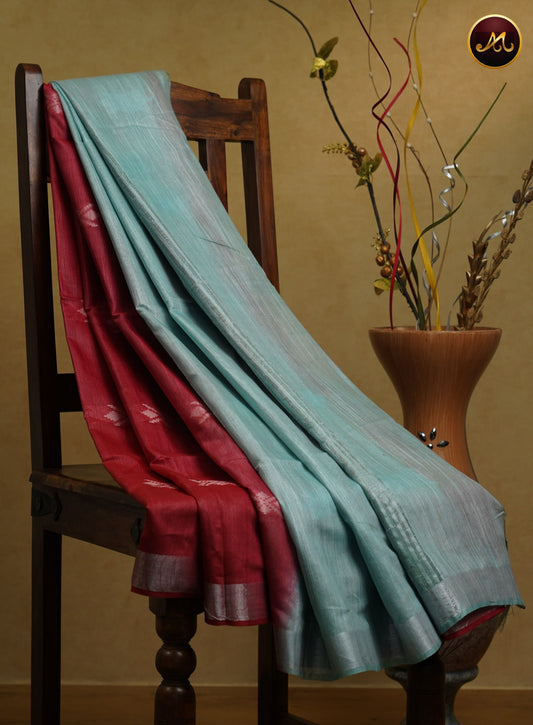 Bhagelpuri Cotton Saree in red and teal colour pallu with thread work butta and  silver border