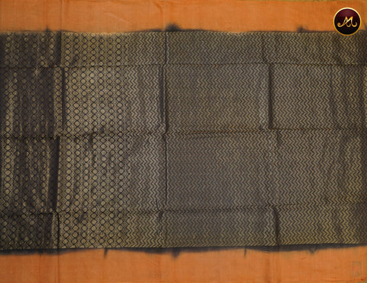Bhagelpuri Cotton Saree in black and orange colour border with golden zari work brocade allover the body