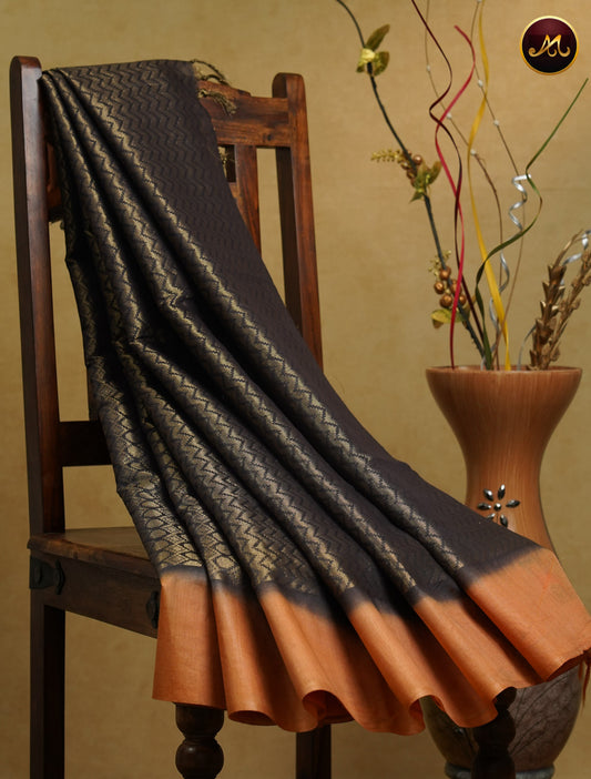Bhagelpuri Cotton Saree in black and orange colour border with golden zari work brocade allover the body