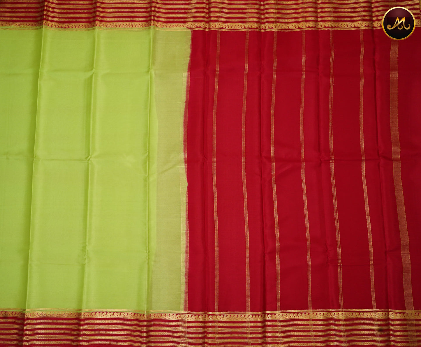 Mysore Crepe Silk saree in Lime Green and Red Colour combination with Gold zari Border and simple pallu
