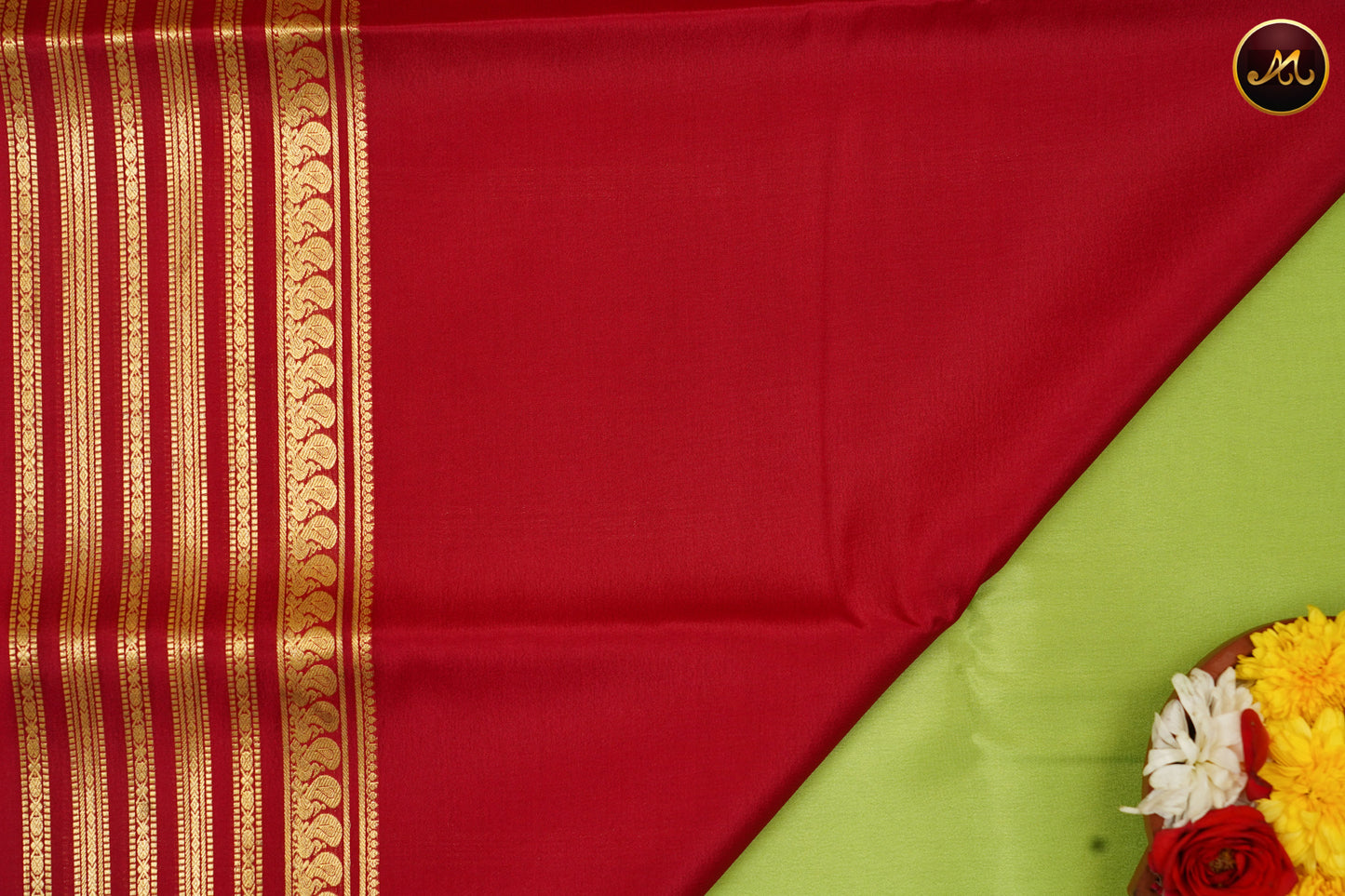Mysore Crepe Silk saree in Lime Green and Red Colour combination with Gold zari Border and simple pallu