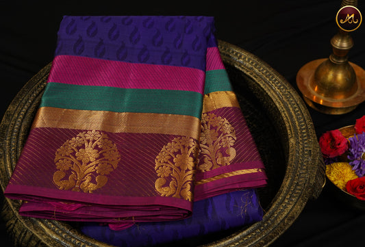 Pure Silk Kanchi Saree in Purple  and Pink combination with Multicolour Border and Rich Pallu