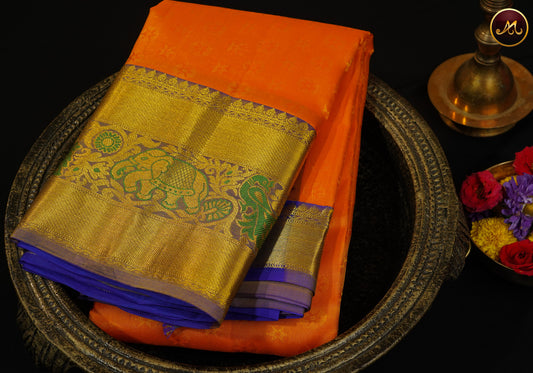 Pure Silk Kanchi Saree in Mango Yellow and Royal Blue combination with Rich kanchi border and Rich Pallu