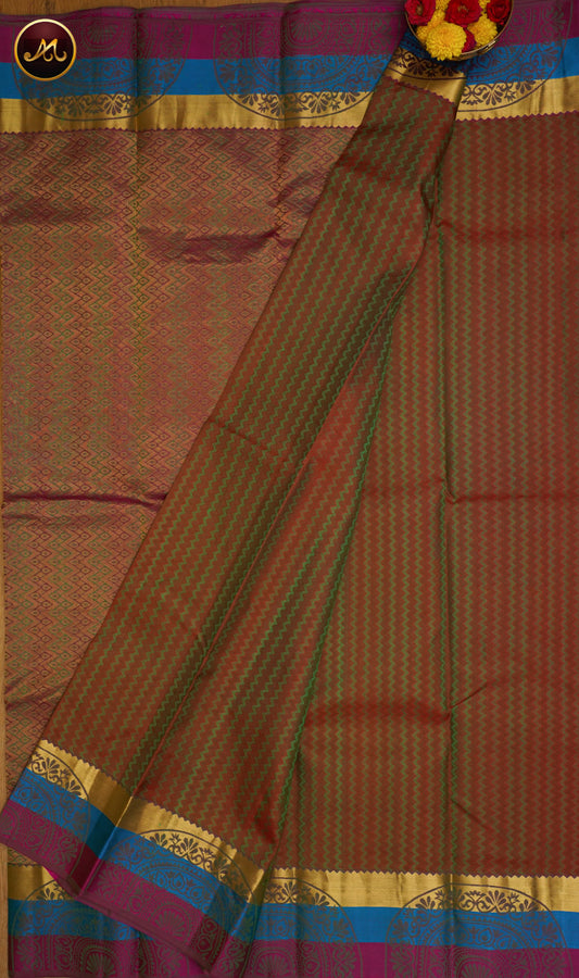 Pure Silk Kanchi Saree in all self Anjeer Green with Multicolour Border and Rich Pallu