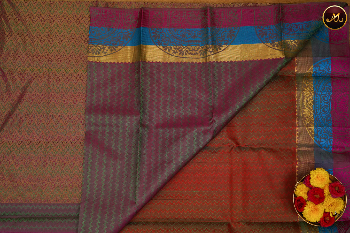 Pure Silk Kanchi Saree in all self Anjeer Green with Multicolour Border and Rich Pallu
