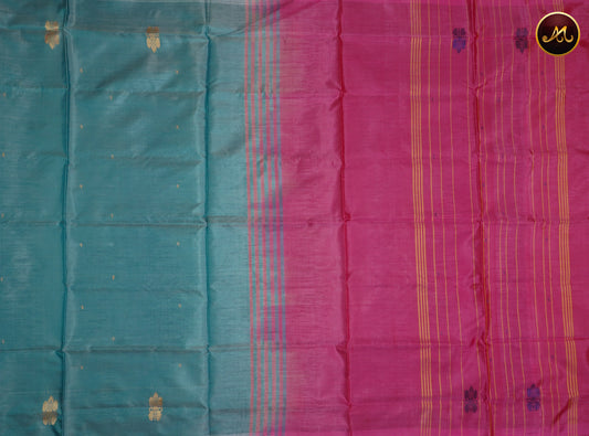 Banana silk saree in ice blue and pink combination with thread work motifs