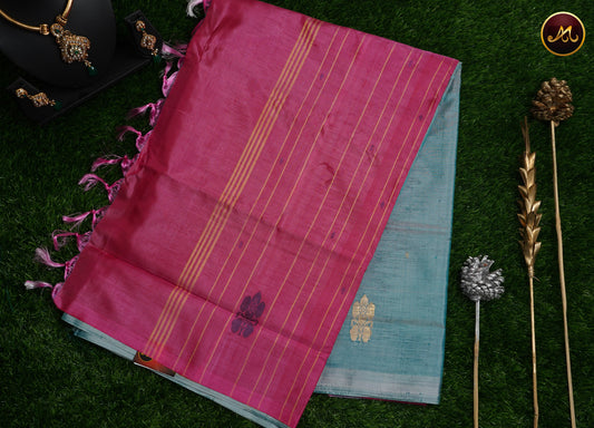 Banana silk saree in ice blue and pink combination with thread work motifs