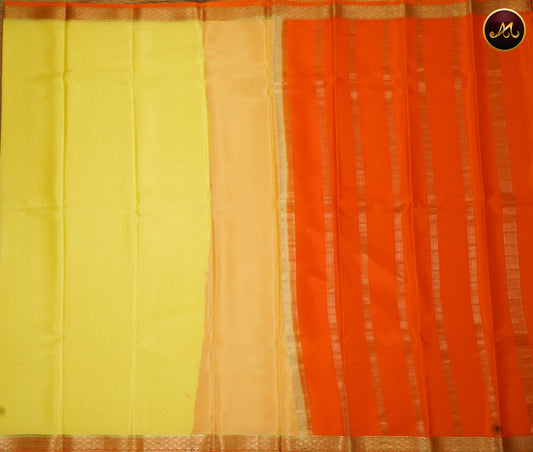 Mysore Crepe Silk saree in Lemon Yellow and Orange Colour combination with Gold zari  Border and simple pallu