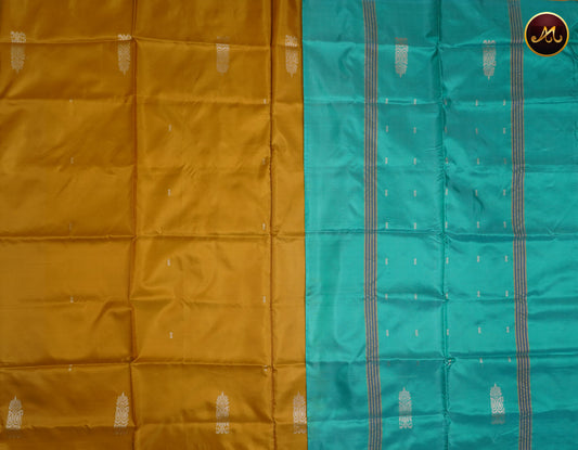 Banana silk saree in mustard yellow and sulfate blue combination with thread work motifs
