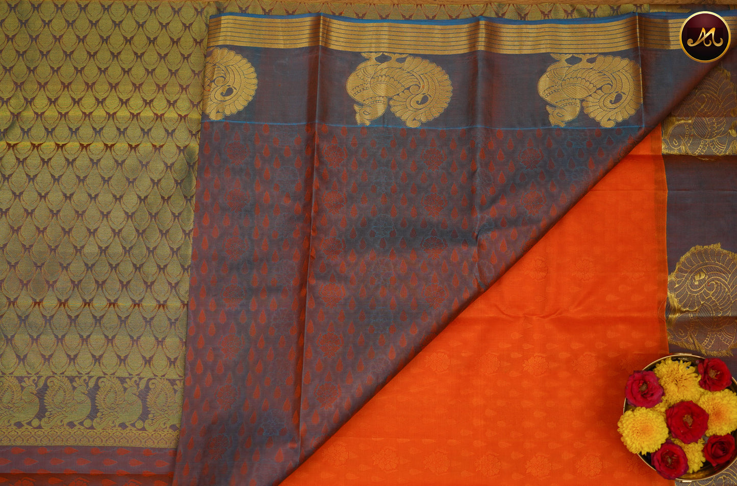 Pure Silk Kanchi Saree in Mango yellow  and Ash Blue combination with Butta Border and Rich Pallu