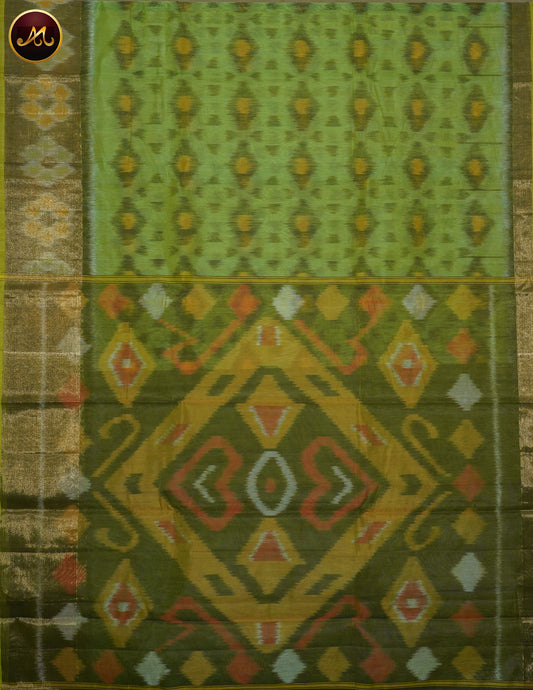 Pochampally Ikat Cotton Silk in Parrot Green and Mahendi Green Combination with Temple Border