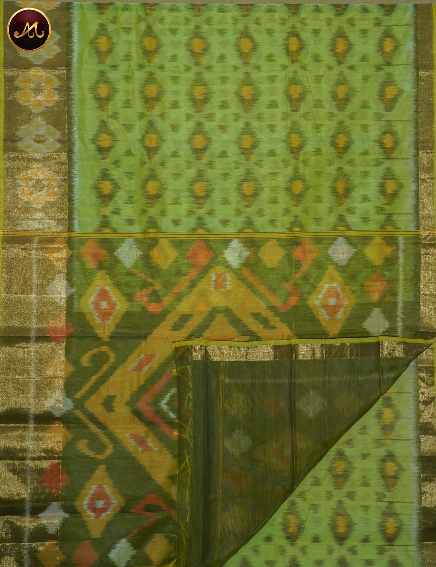 Pochampally Ikat Cotton Silk in Parrot Green and Mahendi Green Combination with Temple Border
