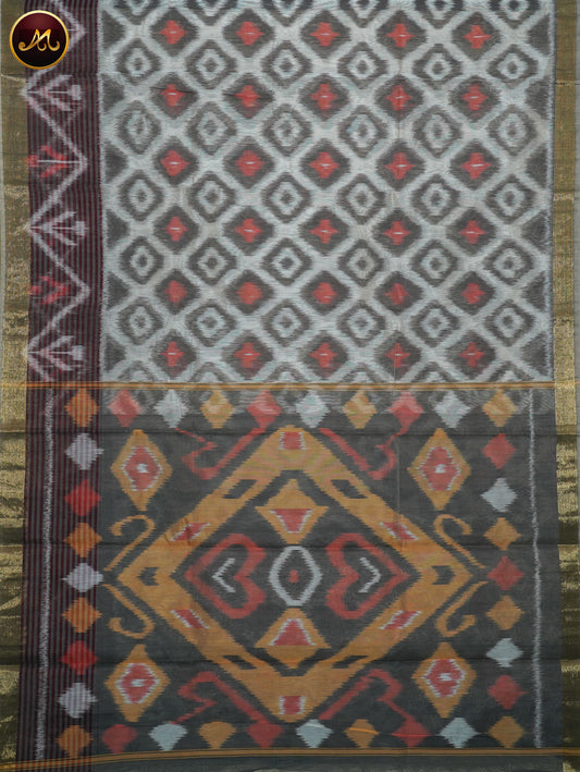 Pochampally Ikat Cotton Silk in Cream and Grey Combination with Border