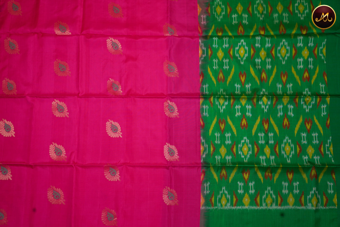 Handloom Soft silk Saree in Rani Pink and Bottle green colour combination with gold and meena butta allover the body and Ikat Pallu