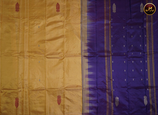 Banana silk saree in beige and purple combination with thread work motifs