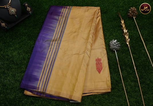 Banana silk saree in beige and purple combination with thread work motifs