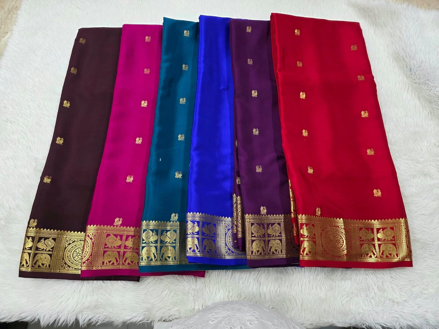 PURE MYSORE CREPE SILK SAREES WITH PEACOCK WITH ELEPHANT BORDER