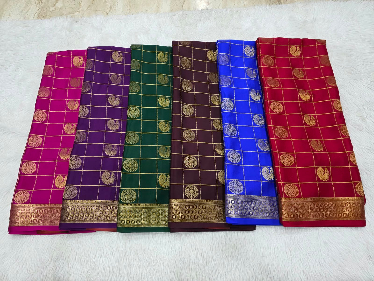 PURE MYSORE CREPE SILK SAREES WITH CHEX WITH PEACOCK AND CHAKRA BUTTA SAREE