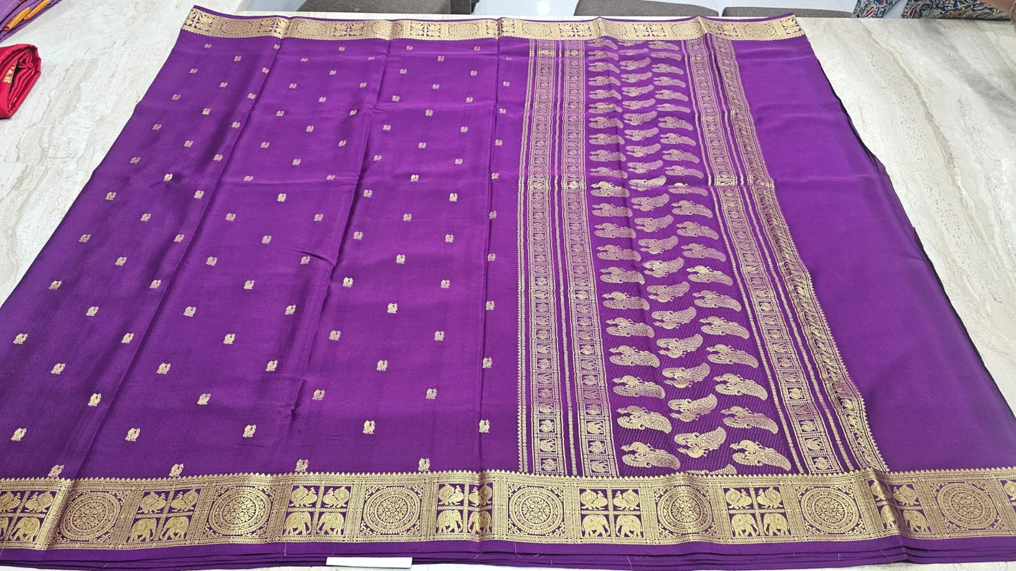 PURE MYSORE CREPE SILK SAREES WITH PEACOCK WITH ELEPHANT BORDER