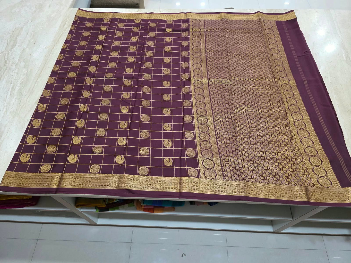 PURE MYSORE CREPE SILK SAREES WITH CHEX WITH PEACOCK AND CHAKRA BUTTA SAREE