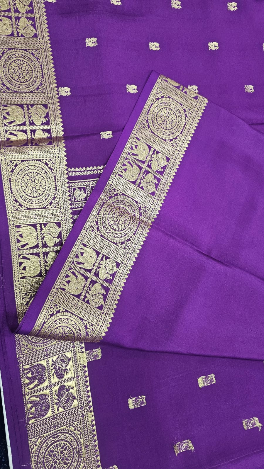PURE MYSORE CREPE SILK SAREES WITH PEACOCK WITH ELEPHANT BORDER