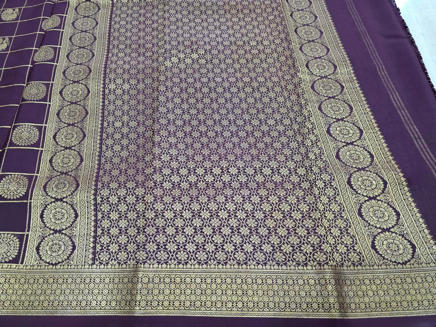 PURE MYSORE CREPE SILK SAREES WITH CHEX WITH PEACOCK AND CHAKRA BUTTA SAREE