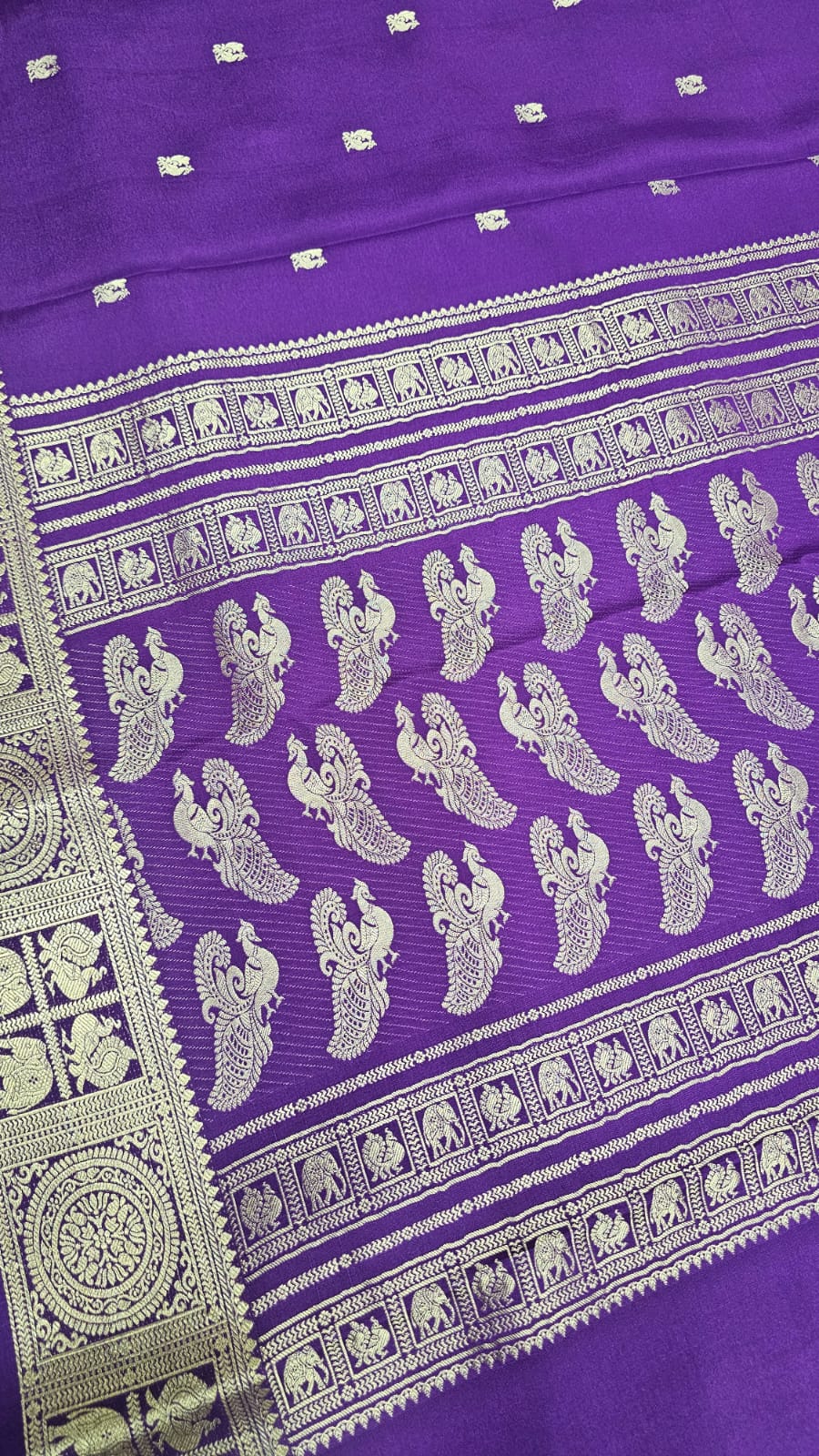 PURE MYSORE CREPE SILK SAREES WITH PEACOCK WITH ELEPHANT BORDER