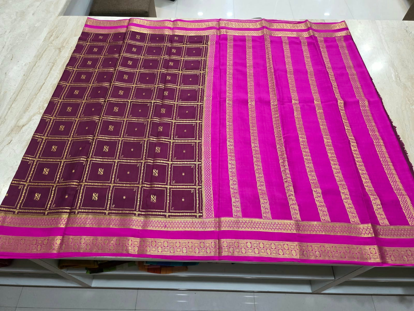 PURE MYSORE CREPE SILK SAREES WITH BIG CHEX WITH BENTEX BORDER
