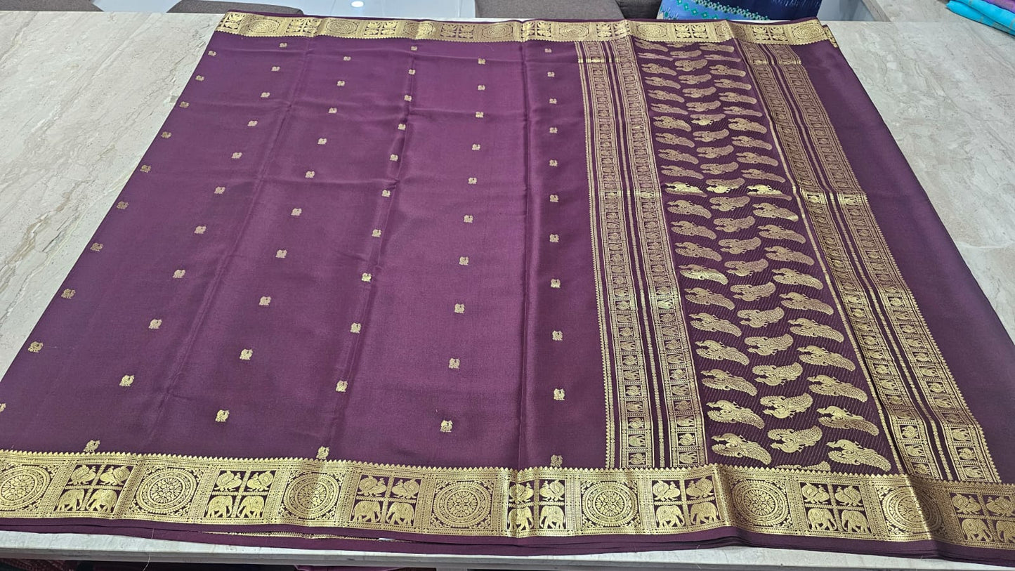 PURE MYSORE CREPE SILK SAREES WITH PEACOCK WITH ELEPHANT BORDER