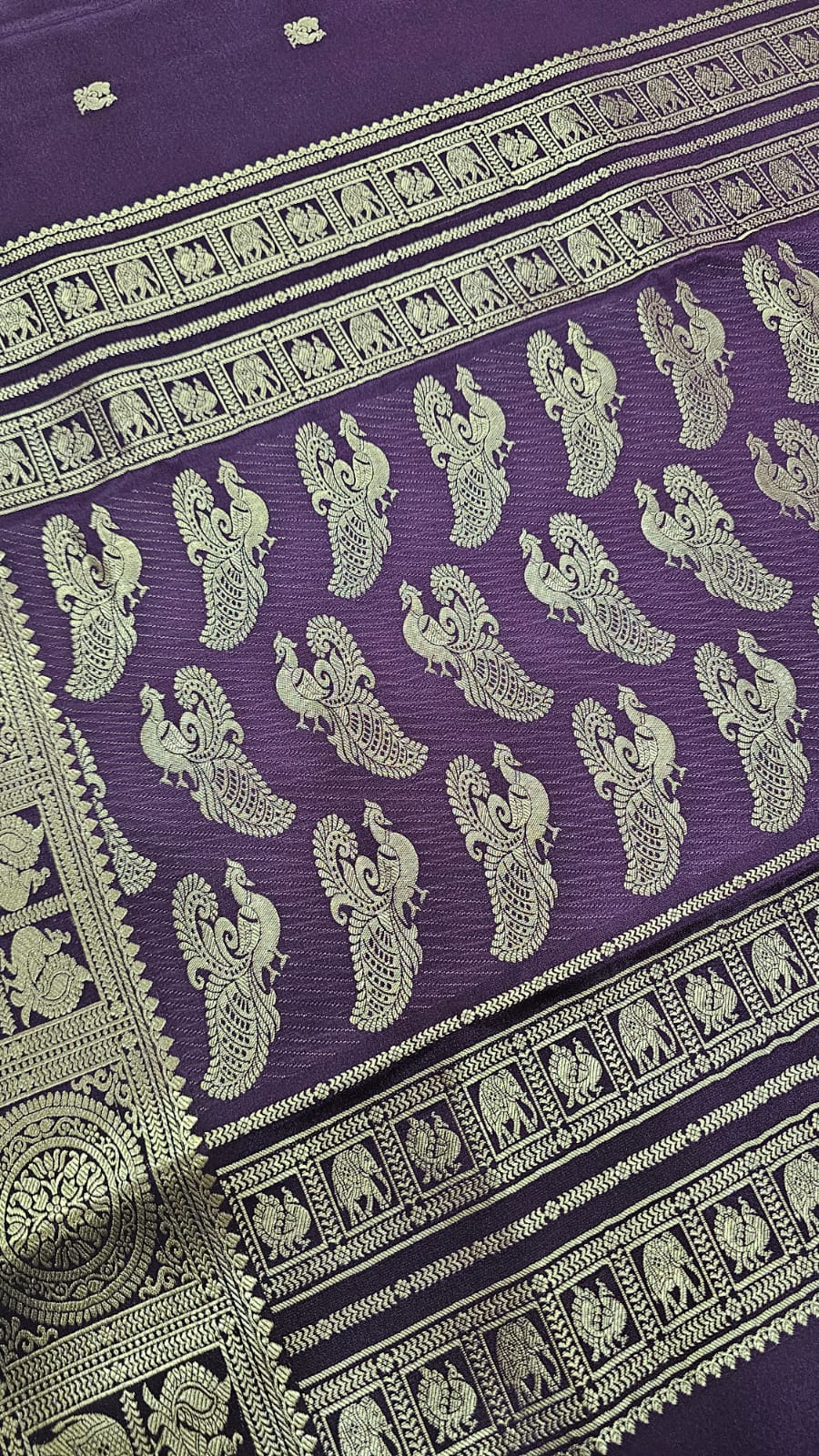 PURE MYSORE CREPE SILK SAREES WITH PEACOCK WITH ELEPHANT BORDER