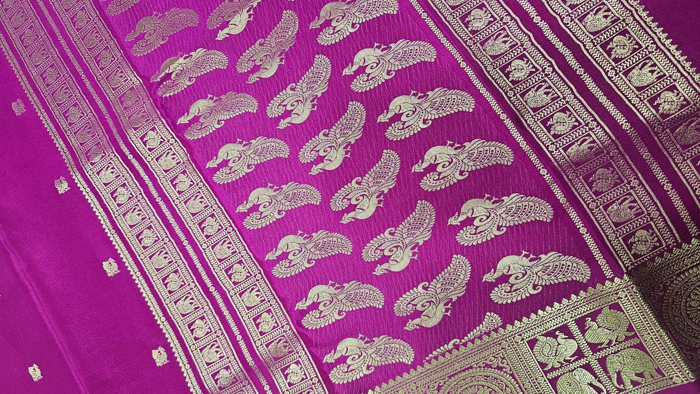 PURE MYSORE CREPE SILK SAREES WITH PEACOCK WITH ELEPHANT BORDER