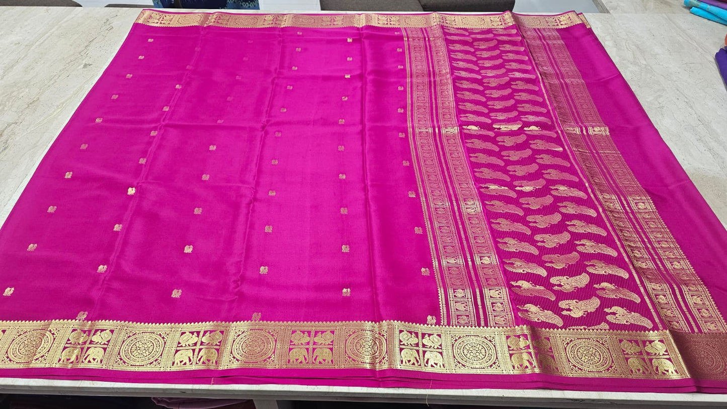PURE MYSORE CREPE SILK SAREES WITH PEACOCK WITH ELEPHANT BORDER