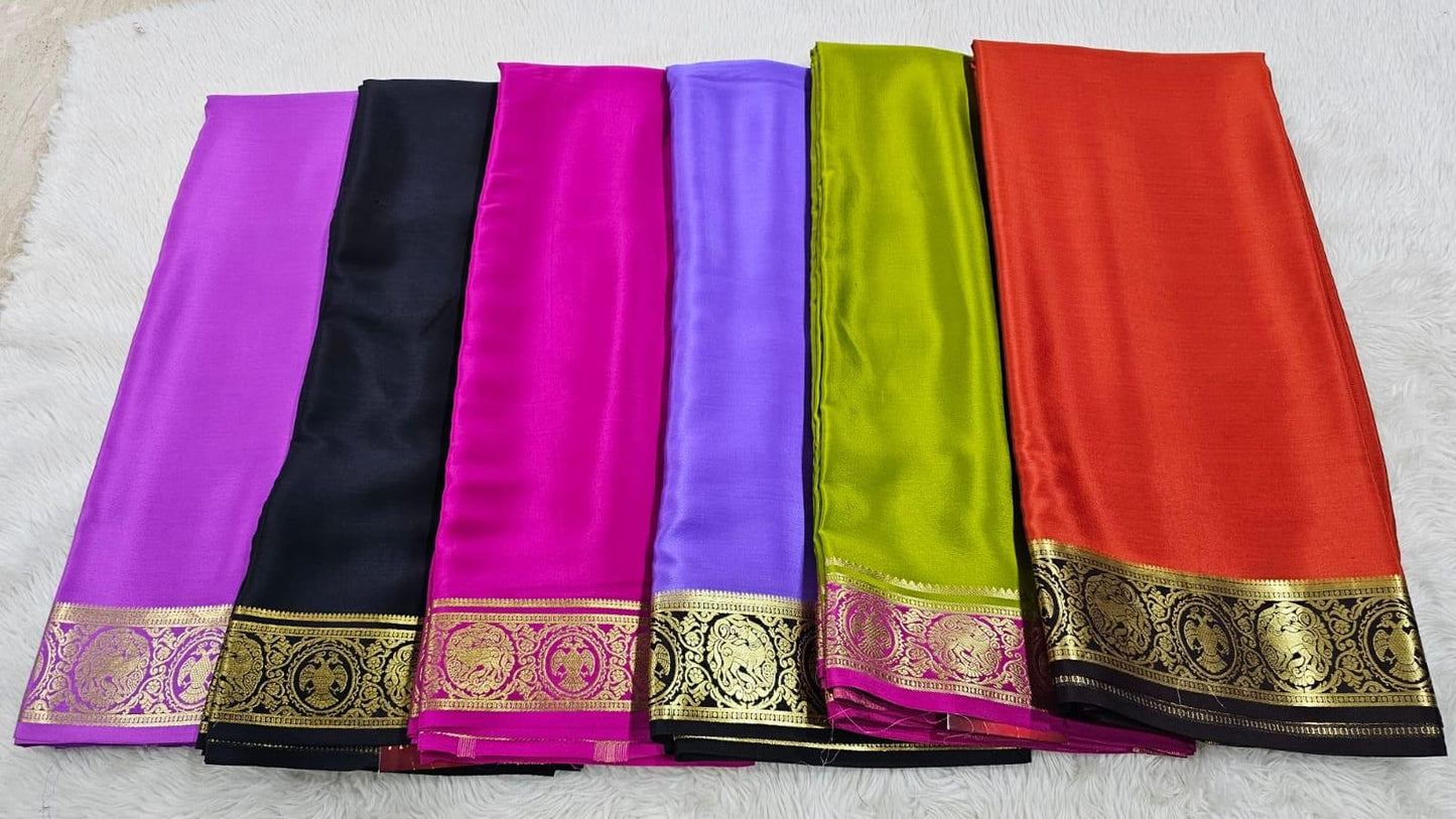 PURE MYSORE CREPE SILK SAARES WITH PLAIN AND CONTRAST BORDER